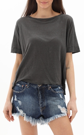 CROSSLEY-Γυναικεία λινή κοντομάνικη μπλούζα CROSSLEY SERINWP OVERFIT γκρι