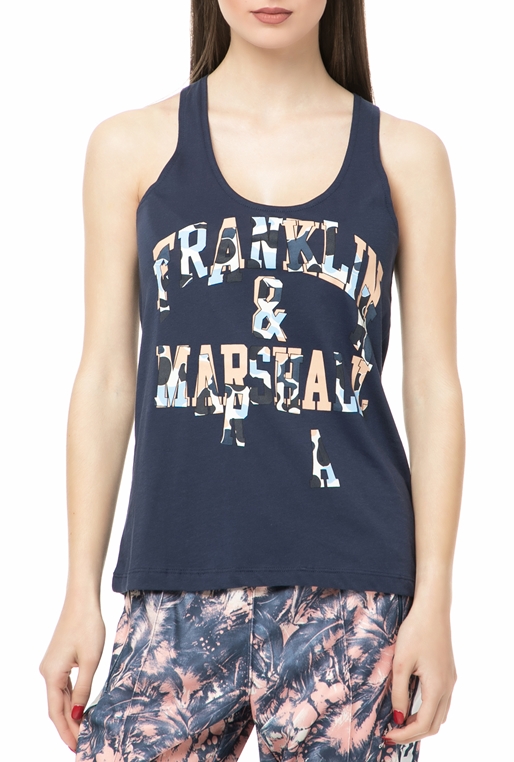 FRANKLIN & MARSHALL-Γυναικεία αμάνικη μπλούζα Franklin & Marshall μπλε με στάμπα