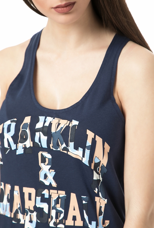 FRANKLIN & MARSHALL-Γυναικεία αμάνικη μπλούζα Franklin & Marshall μπλε με στάμπα
