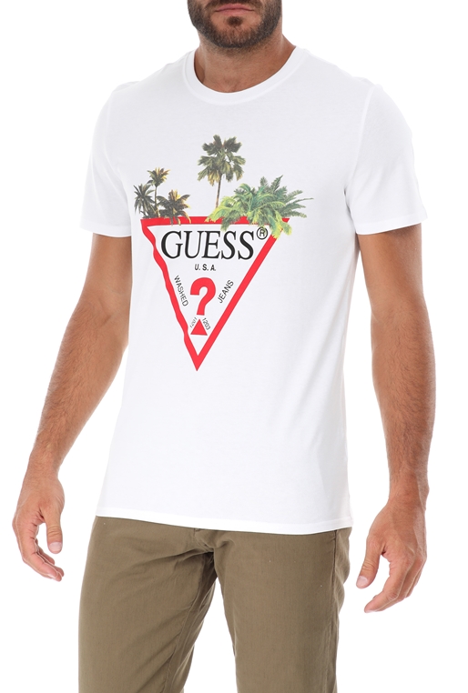 GUESS-Ανδρική μπλούζα GUESS CN SS PALM TRIANGLE λευκή