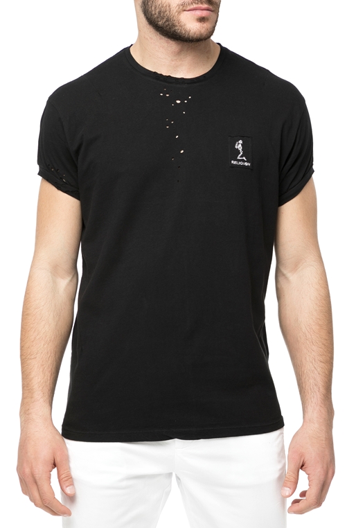 RELIGION-Ανδρική κοντομάνικη μπλούζα RELIGION μαύρη με διάτρητες λεπτομέρειες 