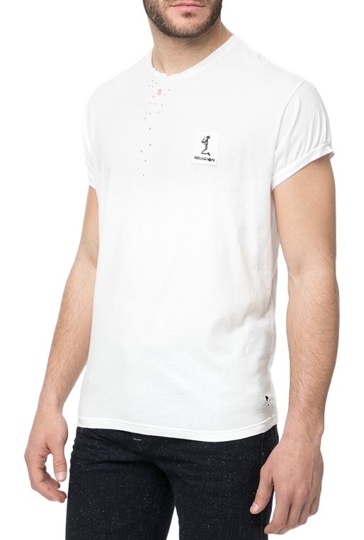 RELIGION-Ανδρική κοντομάνικη μπλούζα RELIGION λευκή με διάτρητες λεπτομέρειες 